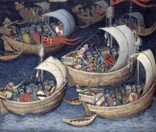 The Greek fleet at sea, second siege of Troy, 15th century. Creator: Unknown