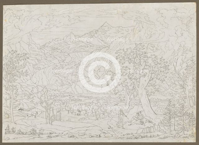 The Grindelwald Glacier with Hunter and Peasant Girl in Foreground, ca. 1823. Creator: Joseph Anton Koch (Austrian, 1768-1839).