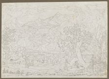 The Grindelwald Glacier with Hunter and Peasant Girl in Foreground, ca. 1823. Creator: Joseph Anton Koch (Austrian, 1768-1839)