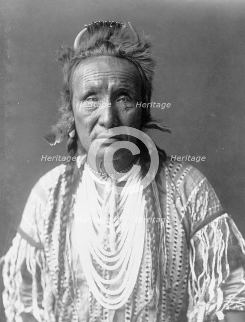 The Grizzly Bear, Piegan, half-length portrait, facing front, c1910. Creator: Edward Sheriff Curtis.