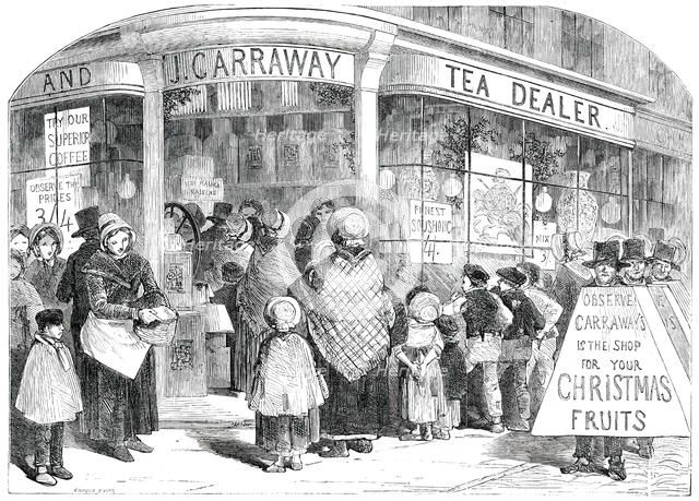The Grocer's Shop at Christmas - drawn by Foster, 1850. Creator: Edmund Evans.