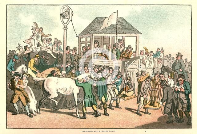 'The Humours of Horse Racing, Weighing and Rubbing Down', c1816 (1886).  Creator: Unknown.