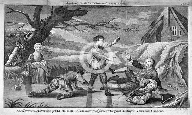 'The Humorous Diversion of Sliding on the Ice', c1745. Artist: Benjamin Cole