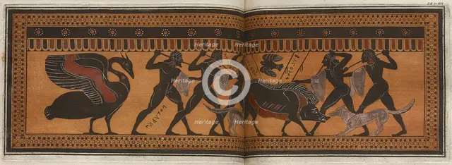 The Hunt Krater: colour plate of boar hunt with five hunters, 1766 [-1767].  Creator: Unknown.