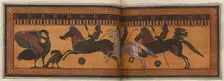 The Hunt Krater: coloured plate showing three galloping horsemen, 1766 [-1767]. Creator: Unknown
