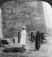 The hunting of the wild bull, carved on a tempkle wall at Medinet Habu, Thebes, Egypt 1905.Artist: Underwood & Underwood