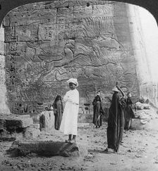 The hunting of the wild bull, carved on a tempkle wall at Medinet Habu, Thebes, Egypt 1905.Artist: Underwood & Underwood