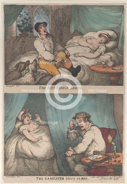 The Huntsman Rising; The Gamester Going to Bed, [July 31, 1809],..., [July 31, 1809], reissued 1811. Creator: Thomas Rowlandson.