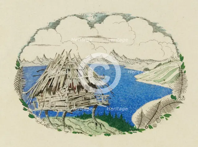 The Hut on Chicken Legs. Illustration to the poem Ruslan and Lyudmila by A. Pushkin, 1921-1926. Creator: Chekhonin, Sergei Vasilievich (1878-1936).