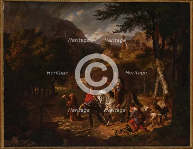 The Habsburg legend: Count Rudolf helps a priest over a torrent, 1830. Creator: Müller, Friedrich Wilhelm (1801-1889).