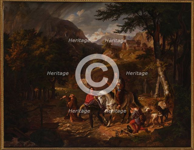 The Habsburg legend: Count Rudolf helps a priest over a torrent, 1830. Creator: Müller, Friedrich Wilhelm (1801-1889).