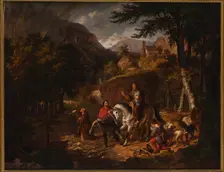 The Habsburg legend: Count Rudolf helps a priest over a torrent, 1830. Creator: Müller, Friedrich Wilhelm (1801-1889)