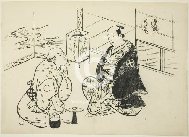 The Hahakigi Chapter from "The Tale of Genji" (Genji Hahakigi), from a series of Genji..., c.1710. Creator: Okumura Masanobu.
