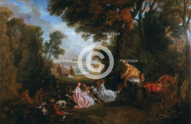 'The Halt During the Chase' ('Rendez-vous de chasse'), 1717-1720.  Artist: Jean-Antoine Watteau