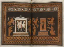 The Hamilton Vase: Colour plate of youth in a temple, stele and eight youths, 1766 [-1767]. Creator: Unknown