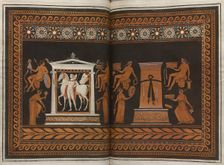 The Hamilton Vase: Colour plate of youth in a temple, stele and eight youths, 1766 [-1767]. Creator: Unknown