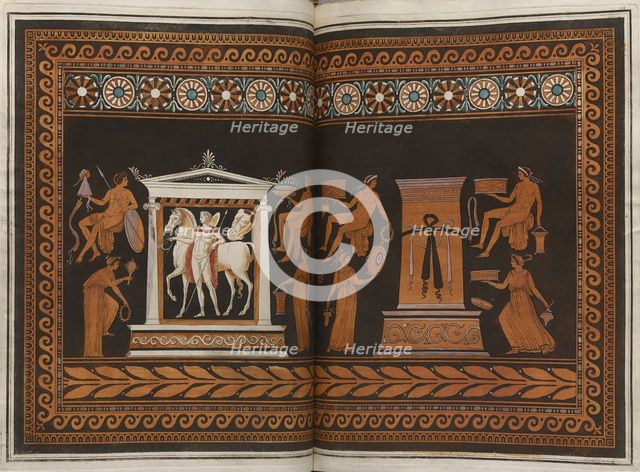 The Hamilton Vase: Colour plate of youth in a temple, stele and eight youths, 1766 [-1767].  Creator: Unknown.