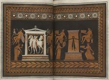 The Hamilton Vase: Colour plate of youth in a temple, stele and eight youths, 1766 [-1767]. Creator: Unknown