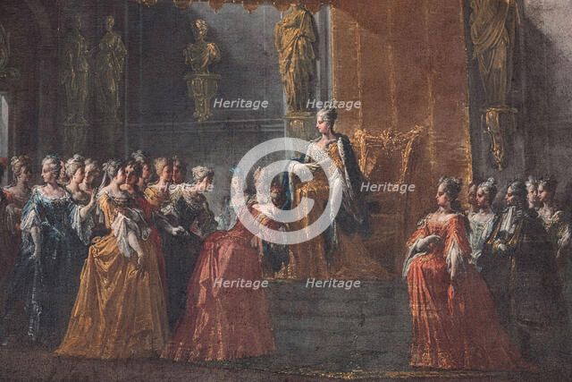 The hand kissing ceremony at the court of Queen Elisabetta Farnese, 1717-1718. Creator: Spolverini (Mercanti); Ilario Giacinto (1657-1734).