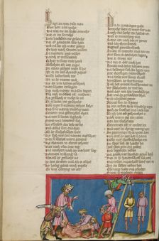 The Hanging of Ishbosheth's Murderers; Weltchronik, about 1400-1410. Creator: Unknown