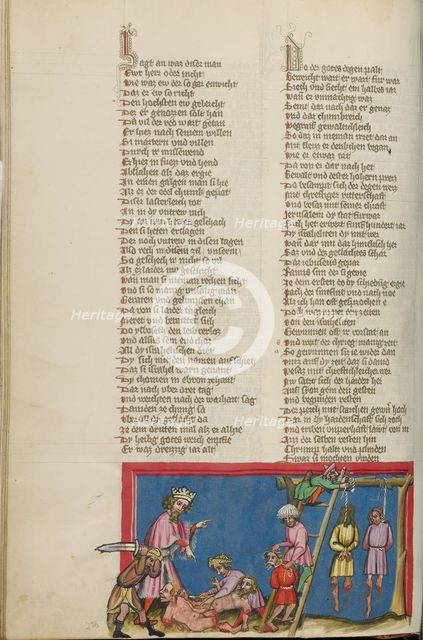 The Hanging of Ishbosheth's Murderers; Weltchronik, about 1400-1410. Creator: Unknown.