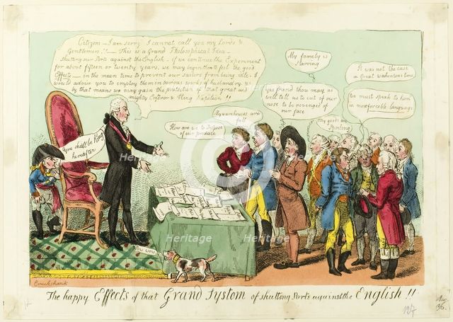 The Happy Effects of that Grand System of Shutting Ports Against the English!!, pub. Oct 1, 1808. Creator: Isaac Cruikshank.