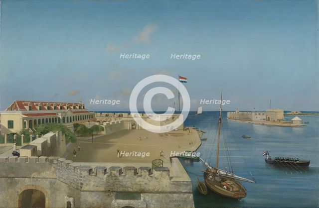 The harbour entrance with the Government Palace, Willemstad, 1858.  Creator: Prosper Crébassol.