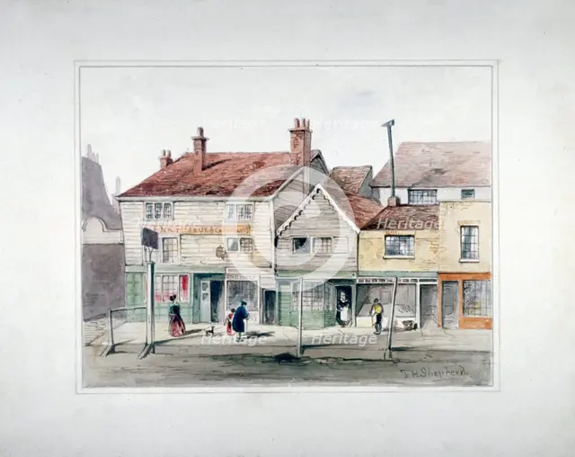 The Hare and Hounds Inn and shopfronts on Upper Street, Islington, London, c1835.           Artist: Thomas Hosmer Shepherd