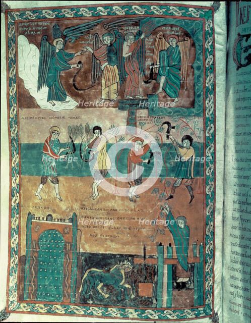 The harvest time and the grape harvest, Miniature in the 'Beatus of Valcavado (S. Beati of Lieban…