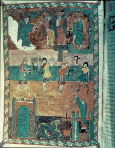 The harvest time and the grape harvest, Miniature in the Beatus of Valcavado (S. Beati of Lieban…