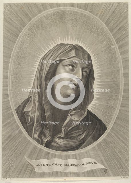The head of the Virgin looking up to the right, in an oval frame, after Reni, ca. 1..., ca. 1650-67. Creator: Adrian van Melar.