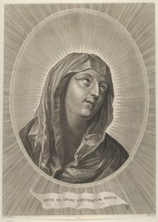 The head of the Virgin looking up to the right, in an oval frame, after Reni, ca. 1..., ca. 1650-67. Creator: Adrian van Melar
