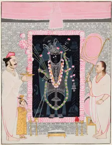 The head priest (Tilakayat) Govardhanlalji makes offerings to Shri Nathji in celebration..., c. 1890 Creator: Ghasiram Hardev Sharma (Indian, 1866-1930), attributed to