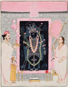 The head priest (Tilakayat) Govardhanlalji makes offerings to Shri Nathji in celebration..., c. 1890 Creator: Ghasiram Hardev Sharma (Indian, 1866-1930), attributed to