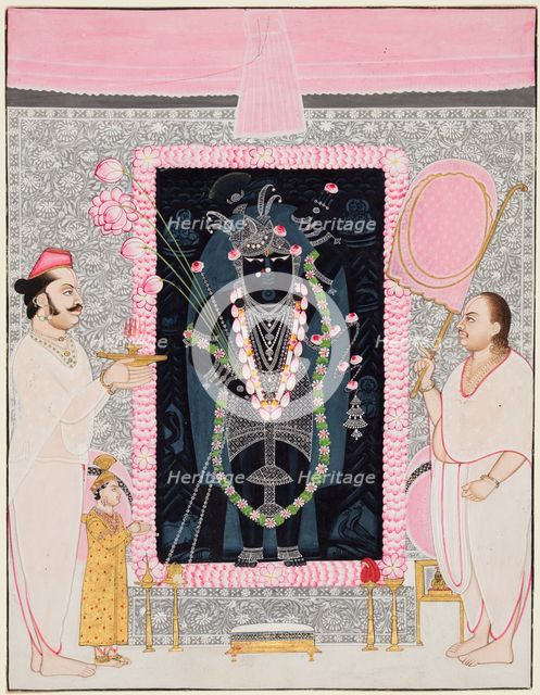The head priest (Tilakayat) Govardhanlalji makes offerings to Shri Nathji in celebration..., c. 1890 Creator: Ghasiram Hardev Sharma (Indian, 1866-1930), attributed to.