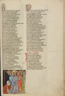 The Healing of a Woman with an Issue of Blood; Weltchronik, about 1400-1410. Creator: Unknown