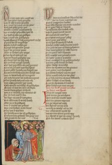 The Healing of a Woman with an Issue of Blood; Weltchronik, about 1400-1410. Creator: Unknown