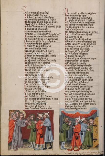 The Healing of the Blind: The Healed Man before the Israelites; Weltchronik, about 1400-1410. Creator: Unknown.