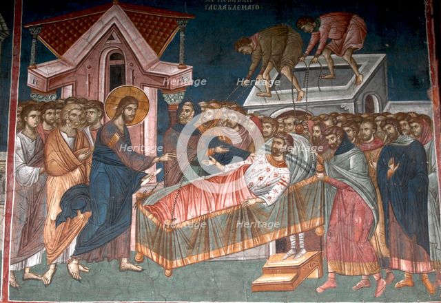 The Healing the paralytic at Capernaum, ca 1350. Artist: Anonymous  