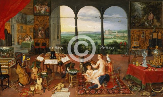The Hearing', represented by a naked nymph singing with a lute, at her side a winged cherub and a…
