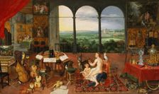 The Hearing represented by a naked nymph singing with a lute, at her side a winged cherub and a…