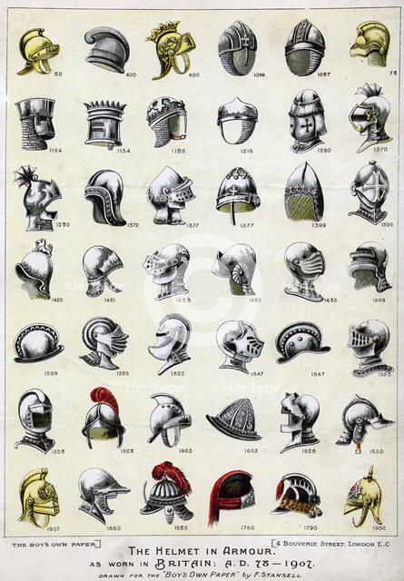 The helmet in armour as worn in Britain from 78 AD to 1901. Artist: F Stansell 