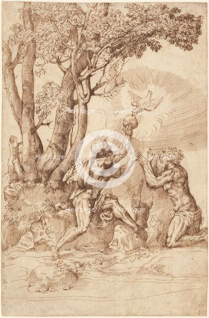 The Hermit Saints Paul and Anthony Receiving Bread from a Dove, 1530s. Creator: Domenico Campagnola.