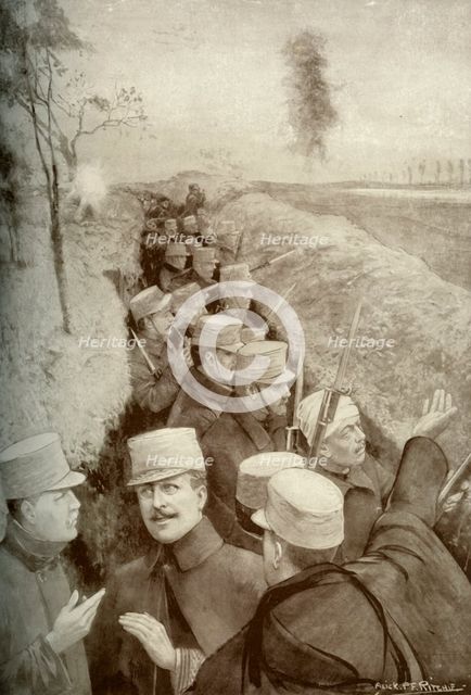 'The Hero King of Belgium in the Trenches with his Soldiers', 1915. Creator: Unknown.