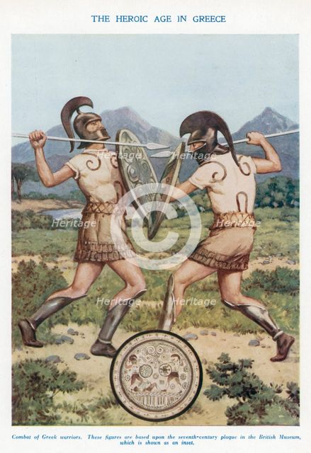'The Heroic Age in Greece': combat of Ancient Greek warriors. Artist: Unknown