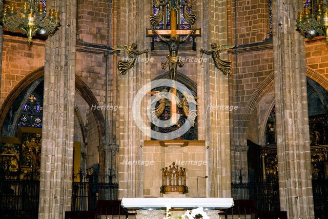 The high altar (1337) and crucifix in the Cathedral of Santa Eulalia, Barcelona, Spain, 2007. Artist: Samuel Magal
