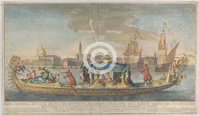 The highly ornamented first gondola of Ambassador Giovanni Battista Colloreado entering..., 1720-30. Creator: Giovanni Antonio Faldoni.