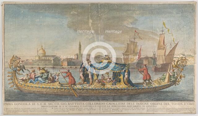 The highly ornamented first gondola of Ambassador Giovanni Battista Colloreado entering..., 1720-30. Creator: Giovanni Antonio Faldoni.