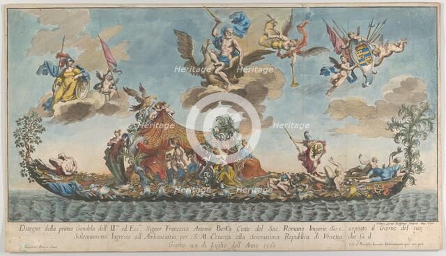 The highly ornamented first gondola of Francesco Antonio Berka entering Venice, Gods on cl..., 1700. Creator: Johann Georg Wolfgang.