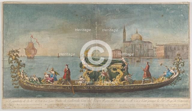 The highly ornamented second gondola of Ambassador Giovanni Battista Colloreado enterin..., 1720-30. Creator: Giovanni Antonio Faldoni.